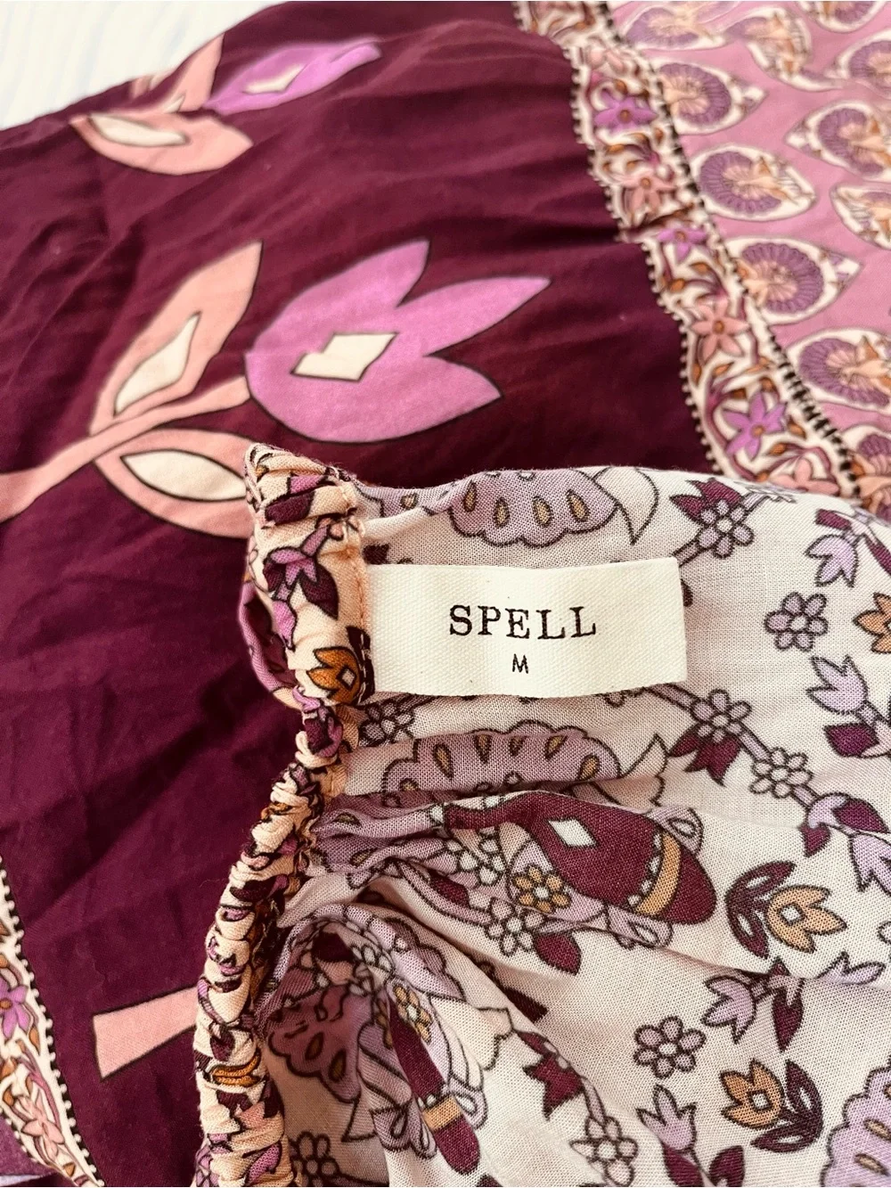 Spell Floral Boho/Gypsy Tiered Spaghetti Strap Maxi Dress - Pink Burgundy Cream - Picture 5 of 12